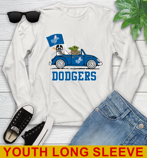 MLB Baseball Los Angeles Dodgers Darth Vader Baby Yoda Driving Star Wars Shirt Youth Long Sleeve - Image 13