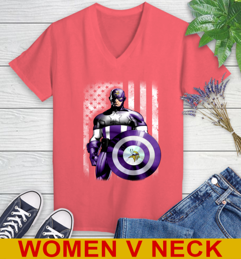 Minnesota Vikings NFL Football Captain America Marvel Avengers American Flag Shirt Women's V-Neck T-Shirt 6