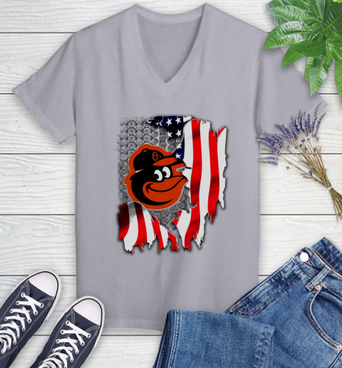 Baltimore Orioles MLB Baseball American Flag Women's V-Neck T-Shirt 4