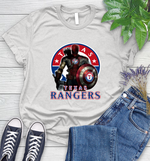 MLB Captain America Thor Spider Man Hawkeye Avengers Endgame Baseball Texas Rangers Women's T-Shirt