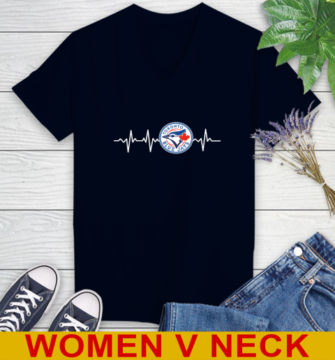 Toronto Blue Jays MLB Baseball Heart Beat Shirt Women's V-Neck T-Shirt 2
