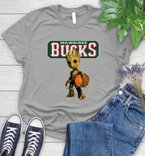 Milwaukee Bucks NBA Basketball Groot Marvel Guardians Of The Galaxy Women's T-Shirt 10