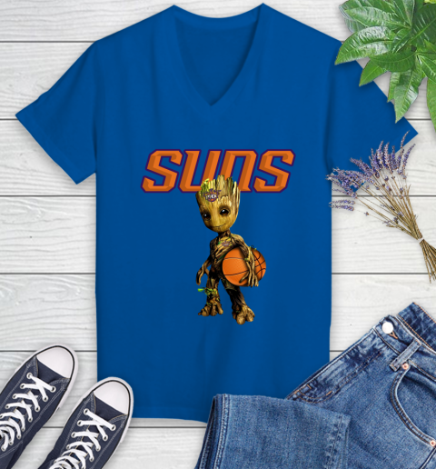 Phoenix Suns NBA Basketball Groot Marvel Guardians Of The Galaxy Women's V-Neck T-Shirt 10