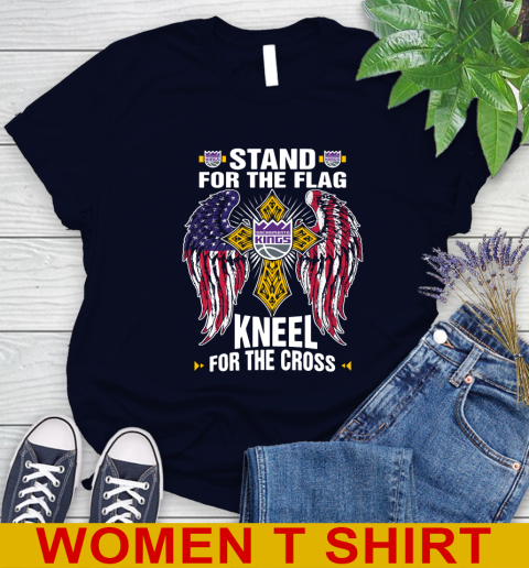 NBA Basketball Sacramento Kings Stand For Flag Kneel For The Cross Shirt Women's T-Shirt - Image 3