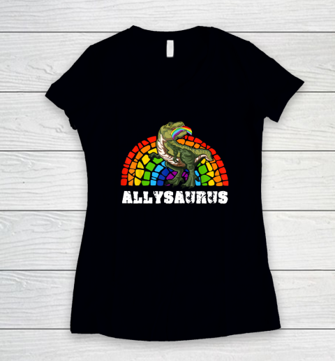 Allysaurus Dinosaur In Rainbow Flag For Ally LGBT Pride Women's V-Neck T-Shirt
