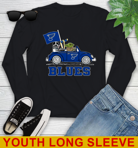 NHL Hockey St.Louis Blues Darth Vader Baby Yoda Driving Star Wars Shirt Youth Long Sleeve 2