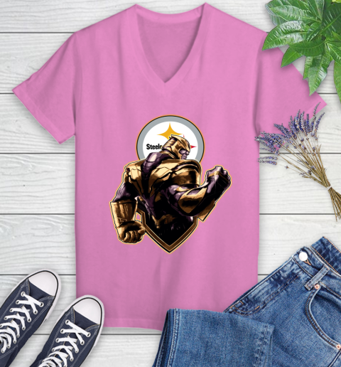 NFL Thanos Avengers Endgame Football Sports Pittsburgh Steelers Women's V-Neck T-Shirt 14