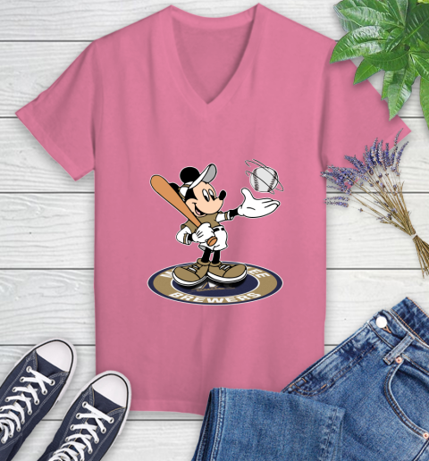 MLB Baseball Milwaukee Brewers Cheerful Mickey Disney Shirt Women's V-Neck T-Shirt 11