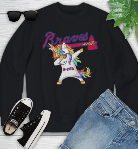 Atlanta Braves MLB Baseball Funny Unicorn Dabbing Sports Youth Sweatshirt 2