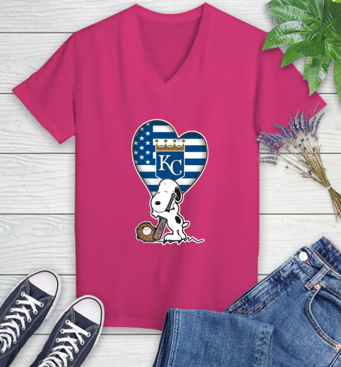 Kansas City Royals MLB Baseball The Peanuts Movie Adorable Snoopy Women's V-Neck T-Shirt 9