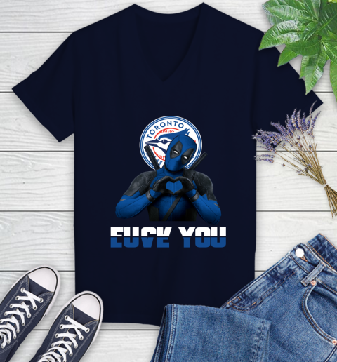 MLB Toronto Blue Jays Deadpool Love You Fuck You Baseball Sports Women's V-Neck T-Shirt 3 MLB Toronto Blue Jays Deadpool Love You Fuck You Baseball Sports Women's V-Neck T-Shirt - Image 3