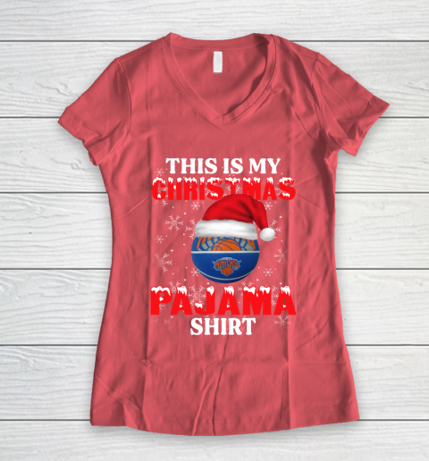 New York Knicks This Is My Christmas Pajama Shirt NBA Women's V-Neck T-Shirt 4