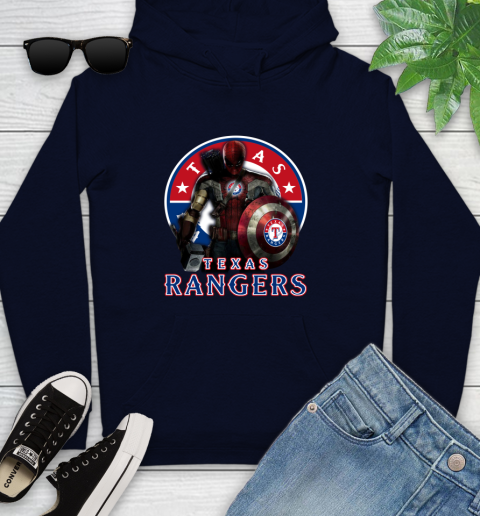 MLB Captain America Thor Spider Man Hawkeye Avengers Endgame Baseball Texas Rangers Youth Hoodie 4
