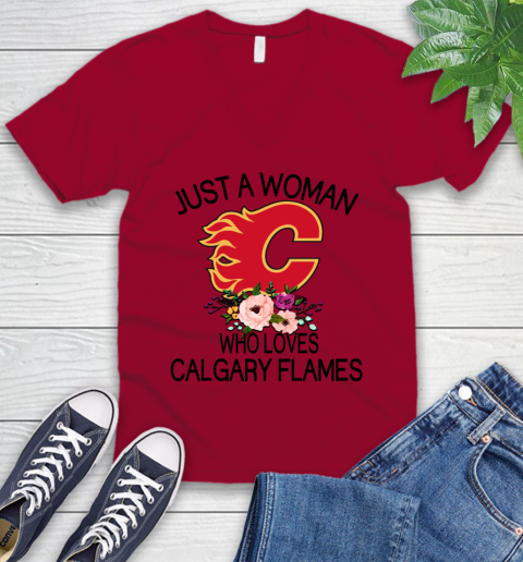 NHL Just A Woman Who Loves Calgary Flames Hockey Sports V-Neck T-Shirt 5