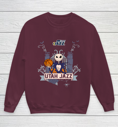NBA Utah Jazz Basketball Jack Skellington Halloween Youth Sweatshirt 4
