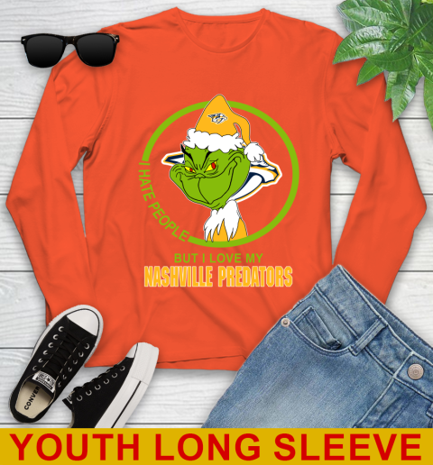 Nashville Predators NHL Christmas Grinch I Hate People But I Love My Favorite Hockey Team Youth Long Sleeve 4
