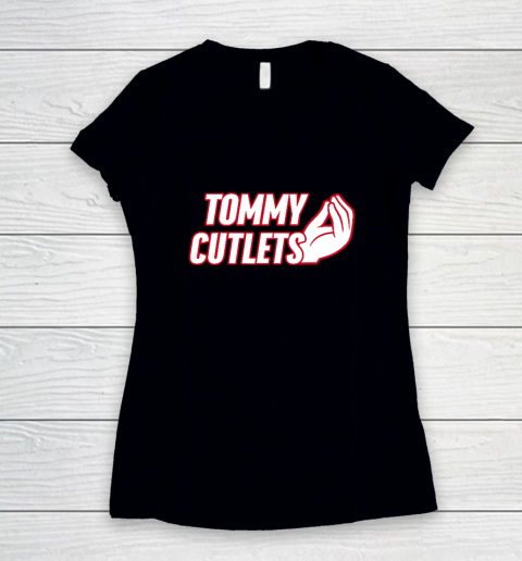 NY Italian Hand Gesture Tommy Cutlets Football Quarterback Women's V-Neck T-Shirt