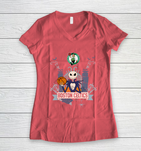 NBA Boston Celtics Basketball Jack Skellington Halloween Women's V-Neck T-Shirt 4