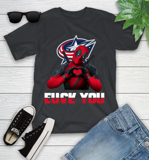 NHL Columbus Blue Jackets Deadpool Love You Fuck You Hockey Sports Youth T-Shirt