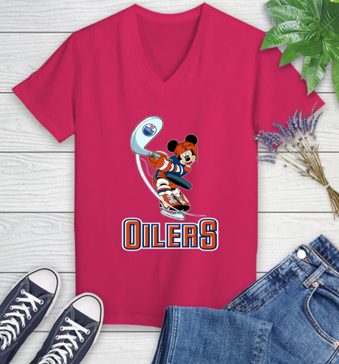 NHL Hockey Edmonton Oilers Cheerful Mickey Mouse Shirt Women's V-Neck T-Shirt 8