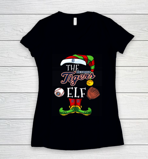 Detroit Tigers Christmas ELF Funny MLB Women's V-Neck T-Shirt