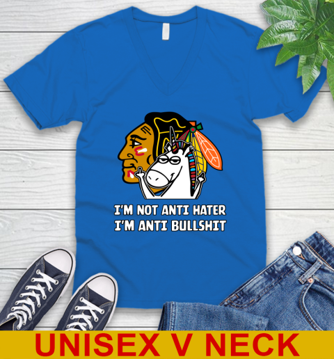 Chicago Blackhawks NHL Hockey Unicorn I'm Not Anti Hater I'm Anti Bullshit V-Neck T-Shirt 6