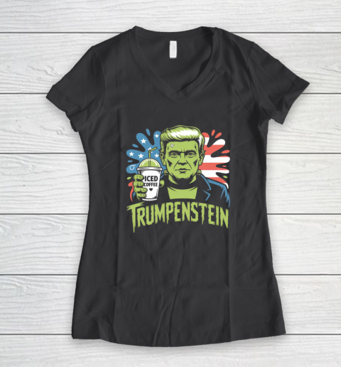 Trumpenstein Funny Iced Coffee Drink Halloween 4th of July USA Flag Women's V-Neck T-Shirt 4