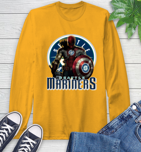MLB Captain America Thor Spider Man Hawkeye Avengers Endgame Baseball Seattle Mariners Long Sleeve T-Shirt 3
