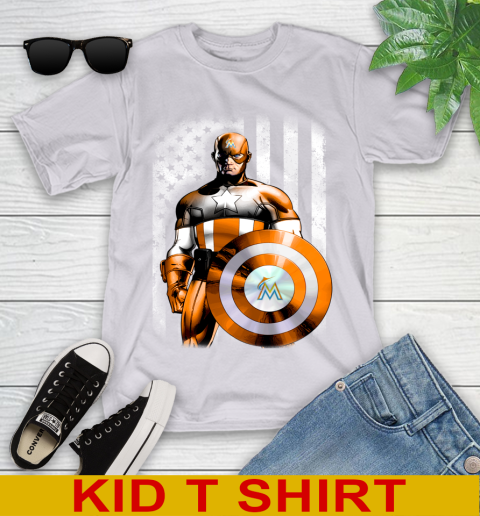 Miami Marlins MLB Baseball Captain America Marvel Avengers American Flag Shirt Youth T-Shirt 4
