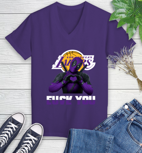 NBA Los Angeles Lakers Deadpool Love You Fuck You Basketball Women's V-Neck T-Shirt 3