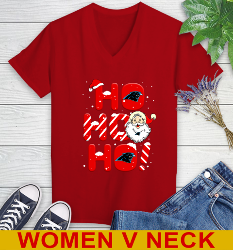 Carolina Panthers NFL Football Ho Ho Ho Santa Claus Merry Christmas Shirt Women's V-Neck T-Shirt 10