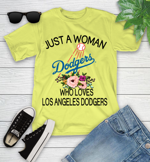 MLB Just A Woman Who Loves Los Angeles Dodgers Baseball Sports Youth T-Shirt 5