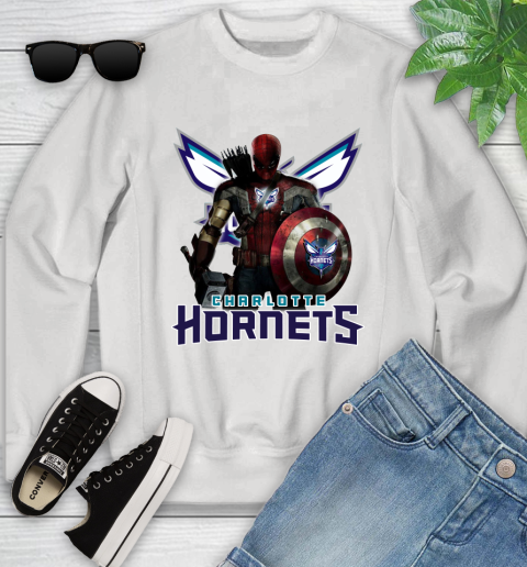 Charlotte Hornets NBA Basketball Captain America Thor Spider Man Hawkeye Avengers Youth Sweatshirt