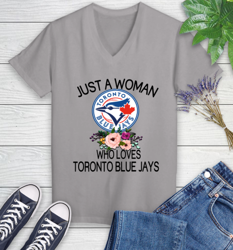 MLB Just A Woman Who Loves Toronto Blue Jays Baseball Sports Women's V-Neck T-Shirt 2