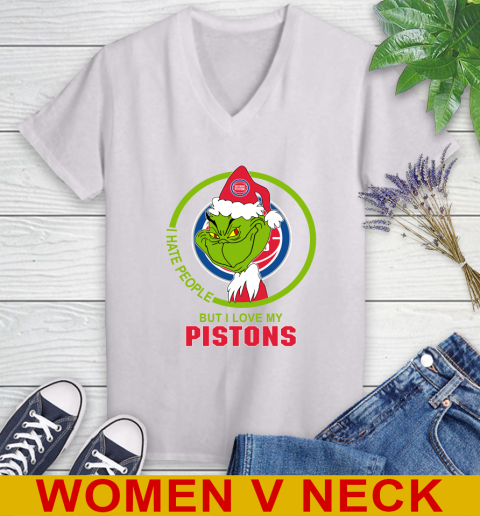 Detroit Pistons NBA Christmas Grinch I Hate People But I Love My Favorite Basketball Team Women's V-Neck T-Shirt