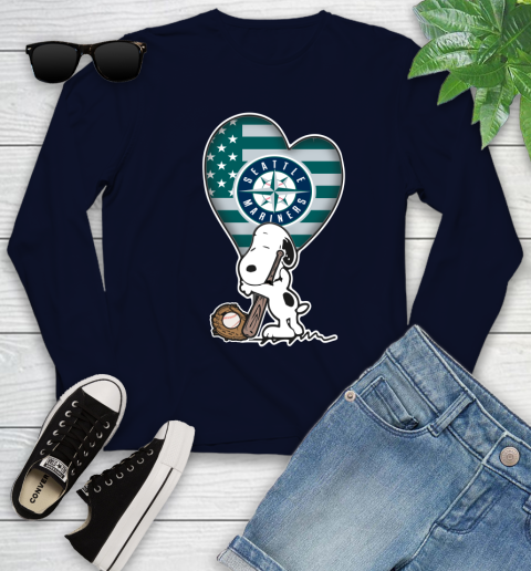 Seattle Mariners MLB Baseball The Peanuts Movie Adorable Snoopy Youth Long Sleeve 3