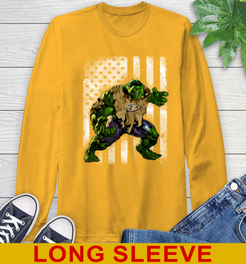 Anaheim Ducks Hulk Marvel Avengers NHL Hockey American Flag Long Sleeve T-Shirt 2