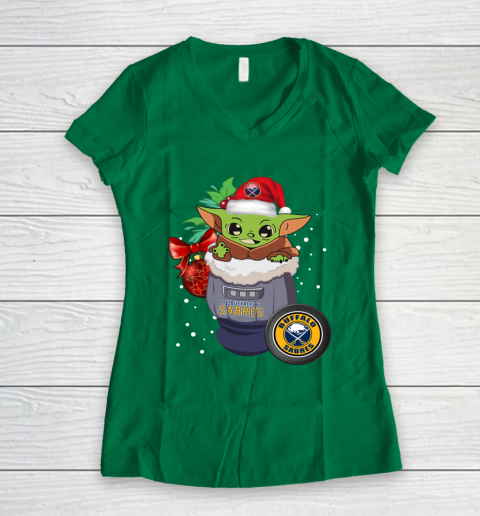 Buffalo Sabres Christmas Baby Yoda Star Wars Funny Happy NHL Women's V-Neck T-Shirt 5