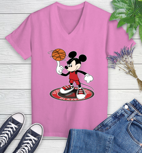 NBA Basketball Portland Trail Blazers Cheerful Mickey Disney Shirt Women's V-Neck T-Shirt 12