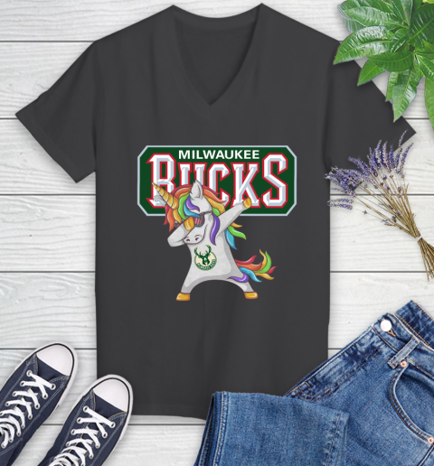 Milwaukee Bucks NBA Basketball Funny Unicorn Dabbing Sports Women's V-Neck T-Shirt 8