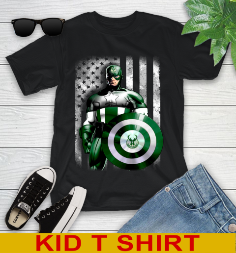 Milwaukee Bucks NBA Basketball Captain America Marvel Avengers American Flag Shirt Youth T-Shirt