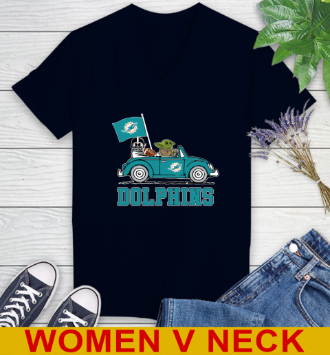 NFL Football Miami Dolphins Darth Vader Baby Yoda Driving Star Wars Shirt Women's V-Neck T-Shirt 3