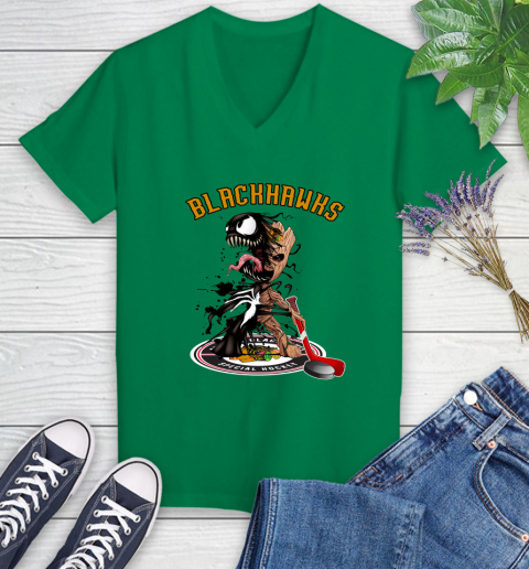 NHL Chicago Blackhawks Hockey Venom Groot Guardians Of The Galaxy Women's V-Neck T-Shirt 5