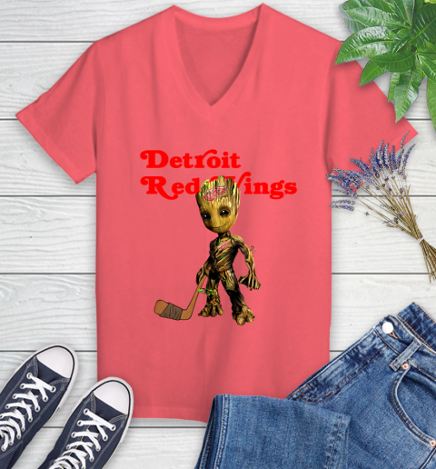 Detroit Red Wings NHL Hockey Groot Marvel Guardians Of The Galaxy Women's V-Neck T-Shirt 6