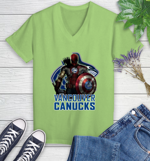 NHL Captain America Thor Spider Man Hawkeye Avengers Endgame Hockey Vancouver Canucks Women's V-Neck T-Shirt 11