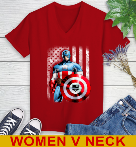 Los Angeles Kings NHL Hockey Captain America Marvel Avengers American Flag Shirt Women's V-Neck T-Shirt 10
