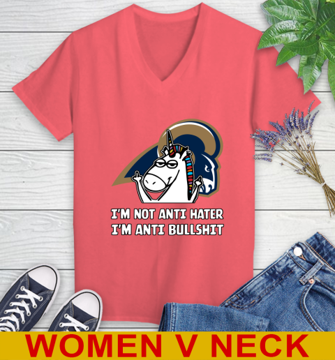 Los Angeles Rams NFL Football Unicorn I'm Not Anti Hater I'm Anti Bullshit Women's V-Neck T-Shirt 7