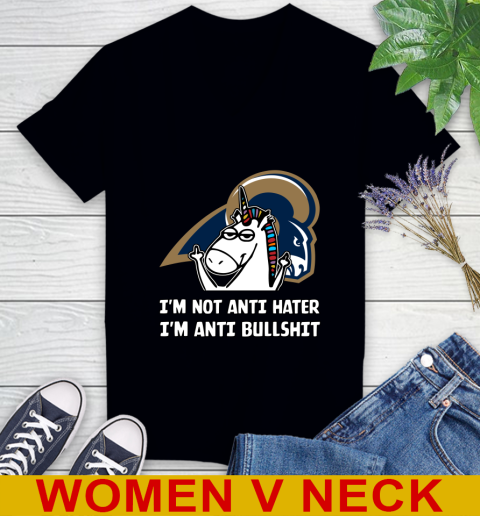 Los Angeles Rams NFL Football Unicorn I'm Not Anti Hater I'm Anti Bullshit Women's V-Neck T-Shirt 2