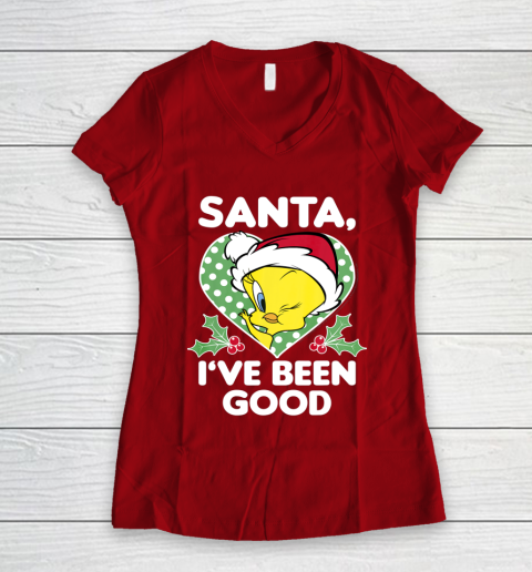 Looney Tunes Christmas Tweety Bird Santa I ve Been Good Women's V-Neck T-Shirt 8
