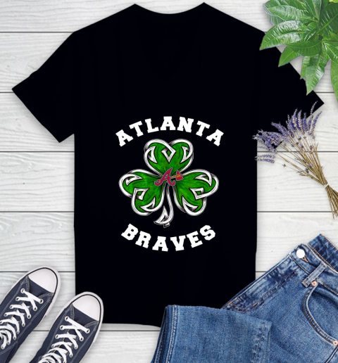 MLB Atlanta Braves Three Leaf Clover St Patrick's Day Baseball Sports Women's V-Neck T-Shirt